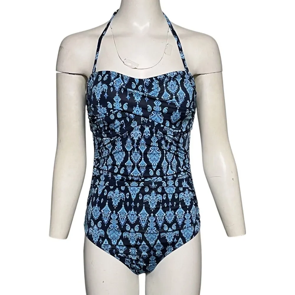 Garnet Hill One Piece Swimsuit Size 8 Ruched Bandeau Halter Blue Paisley NWT